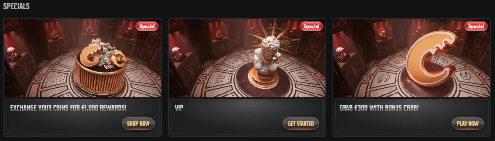 Sekce speciálních nabídek Gransino s VIP statusem a bonusovými odměnami za kraby.